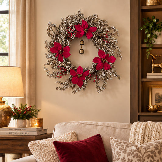 GRFD-104 22-Inch Elegant Platinum Silver Berry Wreath with Poinsettias & Bells