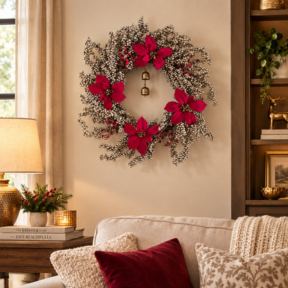 GRFD-104  22-Inch  Elegant Platinum Silver Berry Wreath with  Poinsettias & Bells