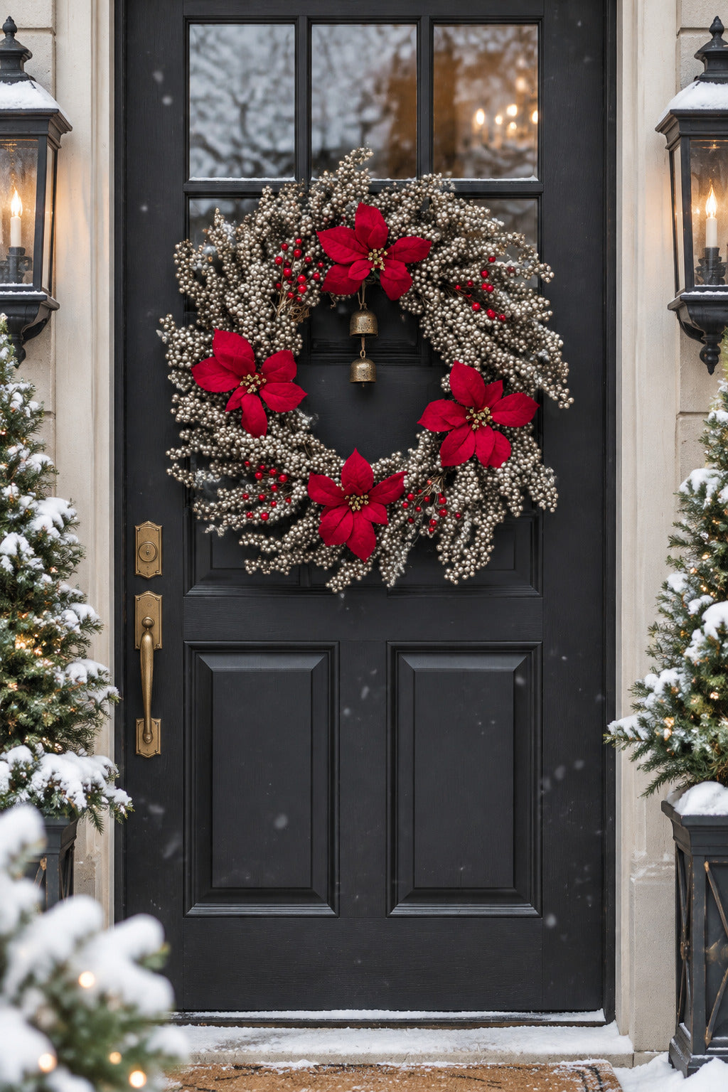 GRFD-104  22-Inch  Elegant Platinum Silver Berry Wreath with  Poinsettias & Bells