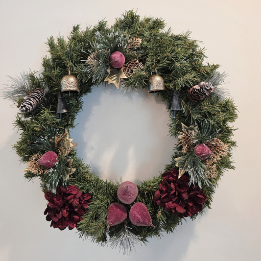 GRFD-118  Rustic Burgundy Berry & Brass Bell Wreath