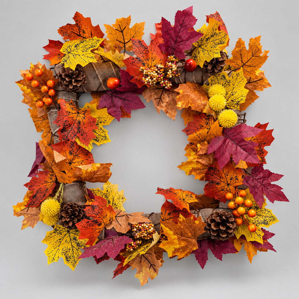 An autumn-themed decorative wreath made of faux maple leaves in orange, yellow, red, and purple, with pinecones, small orange berries, and yellow pom-poms, hanging on a plain light gray wall.