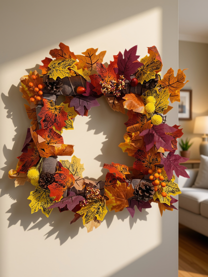 GRFD-124 Handmade Rustic Square Autumn Maple Leaf Wreath with Burlap & Pinecones (slimline)