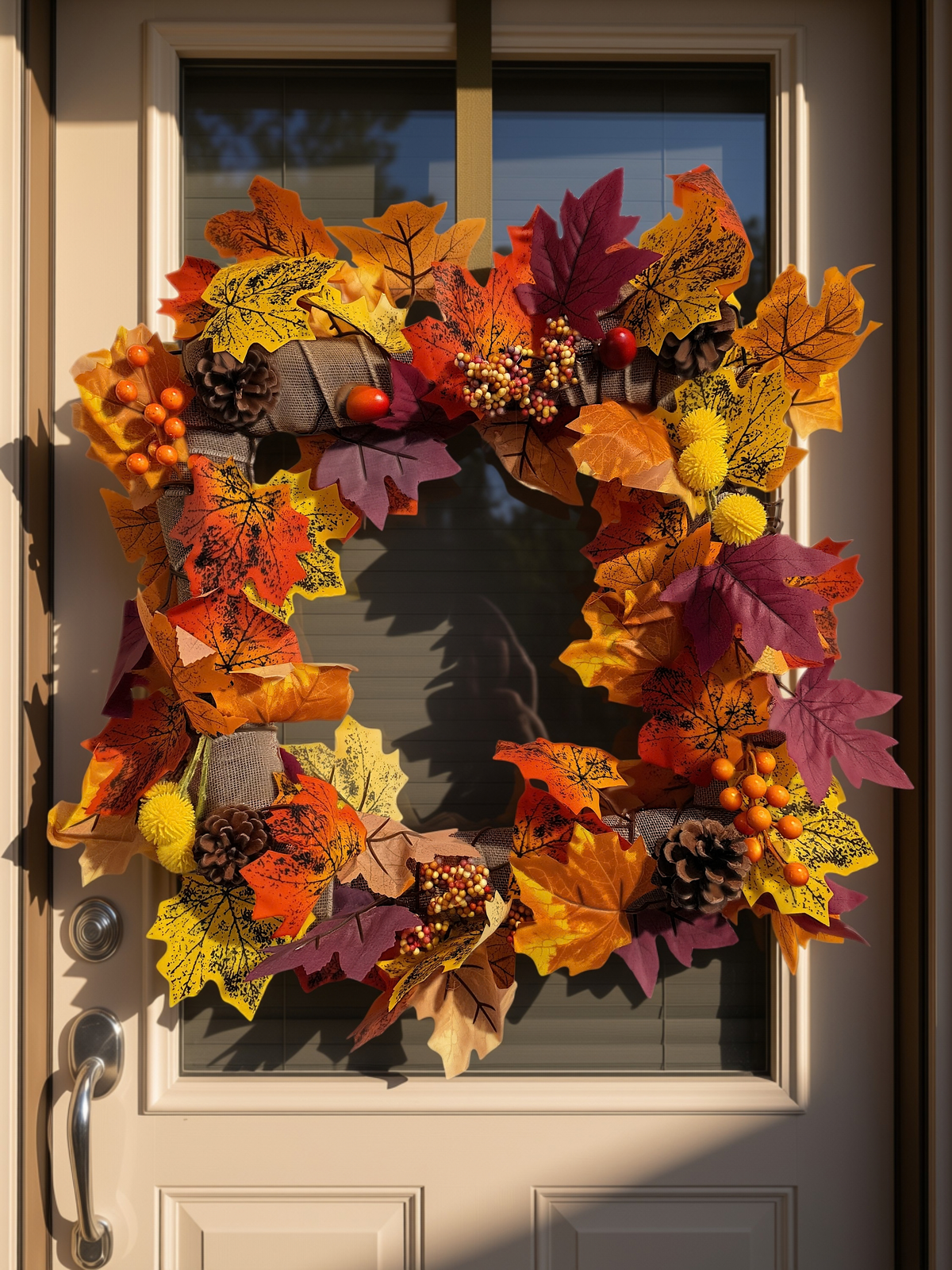 GRFD-124 Handmade Rustic Square Autumn Maple Leaf Wreath with Burlap & Pinecones (slimline)