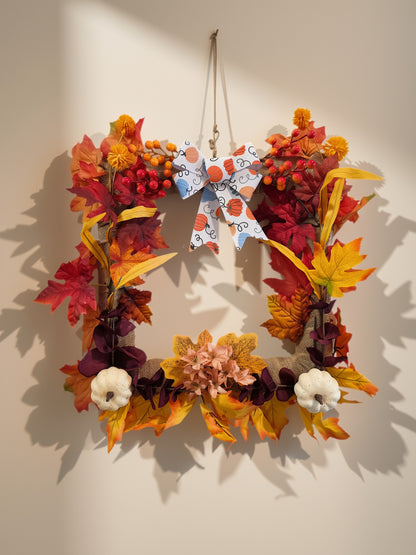 GRFD-125 Rustic Square Autumn Burlap Wreath with Pumpkins &amp; Foliage