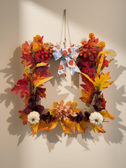 GRFD-125 Rustic Square Autumn Burlap Wreath with Pumpkins &amp; Foliage