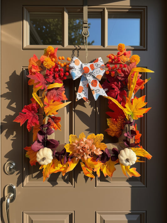 GRFD-125 Rustic Square Autumn Burlap Wreath with Pumpkins &amp; Foliage