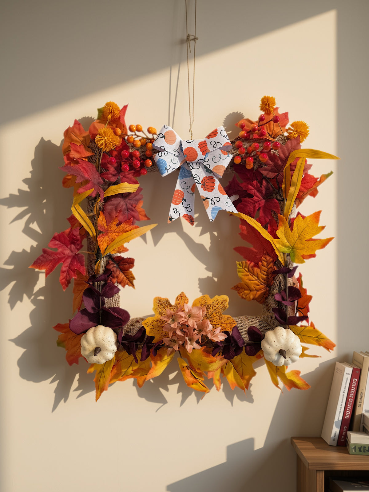 GRFD-125 Rustic Square Autumn Burlap Wreath with Pumpkins &amp; Foliage
