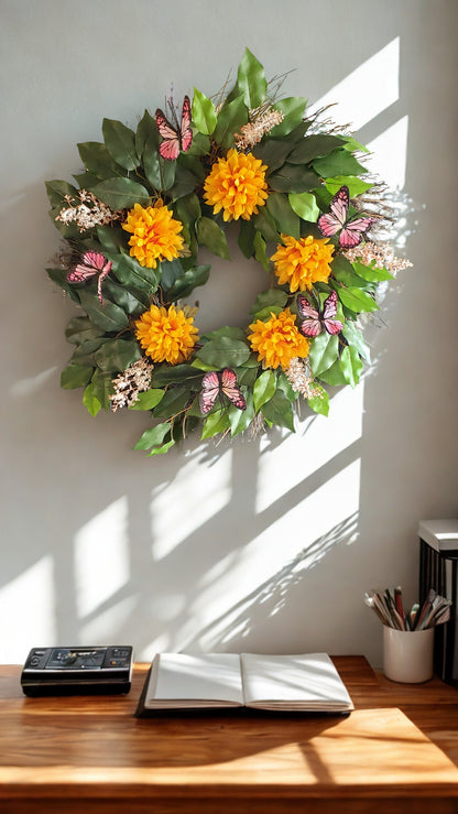 GRFD109  18-Inch Fall Chrysanthemum and Butterfly Wreath