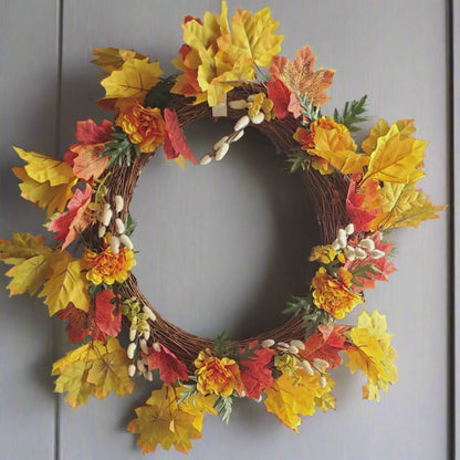 GRFD-124 Handmade Rustic Square Autumn Maple Leaf Wreath with Burlap & Pinecones (slimline)